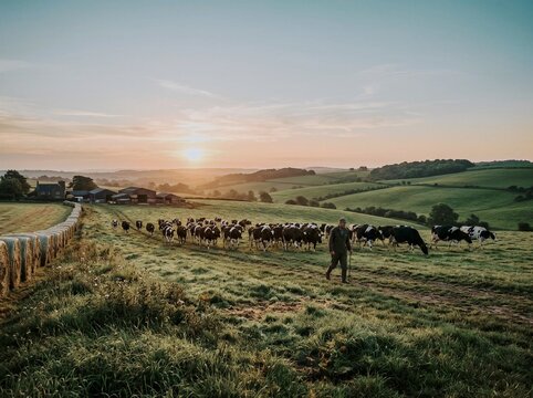Farmer herding dairy cows across a lush green pasture at sunrise in the countryside