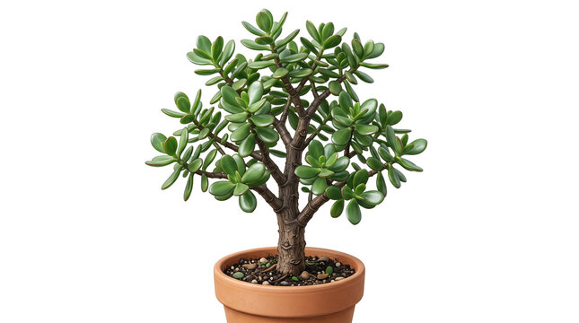 Jade plant in terracotta pot, Crassula ovata succulent with green leaves, indoor money tree houseplant for home decor isolated PNG with Transparent Background