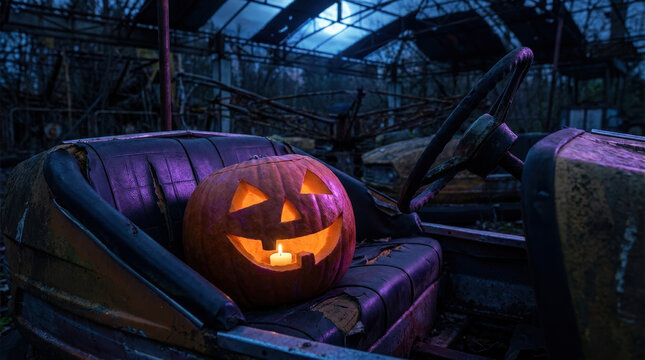 Carved pumpkin in abandoned vehicle interior creates eerie Halloween scene with glowing candlelight, worn leather seat, broken windshield, and dark industrial shelter