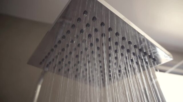Water Flowing From Square Chrome Rainfall Shower Head. Bathroom Plumbing Interior Fixture. Hygiene Care Refreshment 