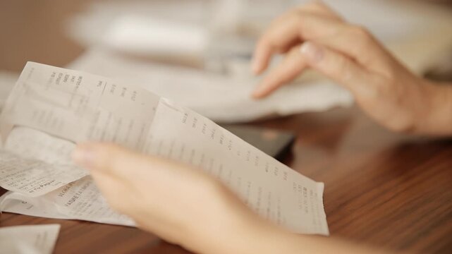 Checking Paper Store Receipts And Expensess. Financial Accounting Budget. Domestic Finance Management 