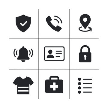 Flat design business security icons set with shield, phone, lock, and medical cross symbols for digital protection