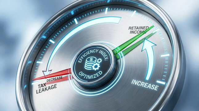 Efficiency gauge showing income growth and tax decrease with optimized financial performance