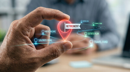 Obraz premium Hand holding destination marker for retirement savings goal and estate plan beside healthcare and travel fund in digital financial planning interface with thoughtful focus