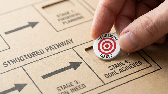 Hand aligning retirement target marker on financial planning pathway, symbolizing focused savings progress and achievement toward future security with strategic goal setting