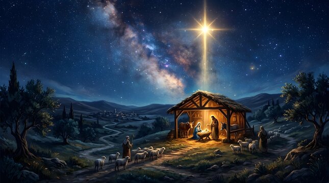 A beautiful nativity scene under a starry night sky wishing everyone a very peaceful merry christmas holiday