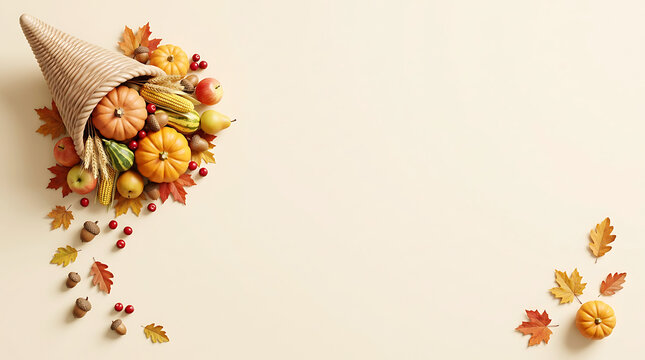 Traditional cornucopia filled with autumn harvest vegetables and colorful leaves for a happy thanksgiving day celebration background