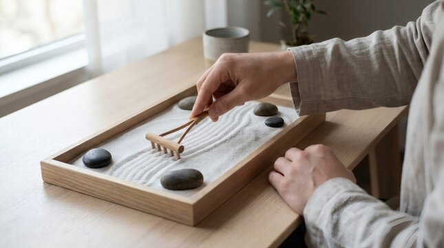 Person's hands raking sand in a miniature zen garden, symbolizing meditation, mindfulness, and relaxation.