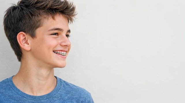 Smiling Teenage Boy with Dental Braces in Profile Portrait