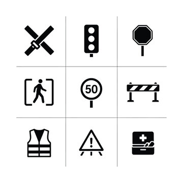 Prohibition and traffic safety icons set for road rules and urban transport regulations