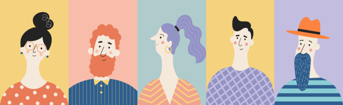 Colorful flat vector illustration of diverse people portraits on pastel backgrounds, ideal for social media, teamwork, community, website and advertising design.