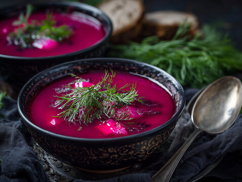 Beetroot borscht soup served in black bowl