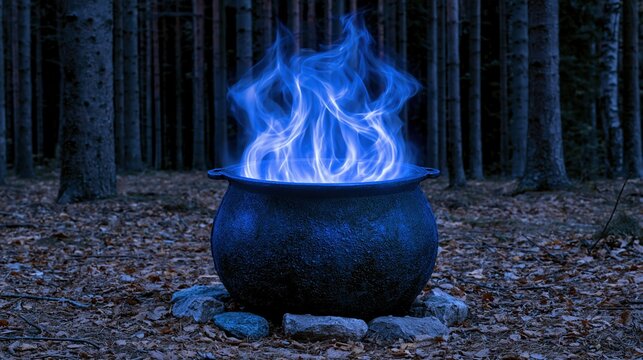 Blue fire burning in a cauldron in a dark forest
