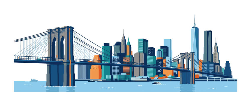 New York City Skyline Brooklyn Bridge Illustration Isolated