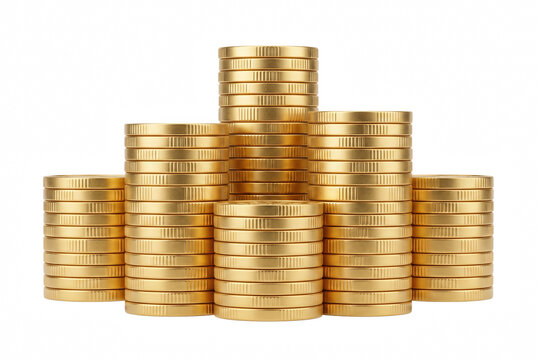 Stacks of golden coins in a pyramid formation
