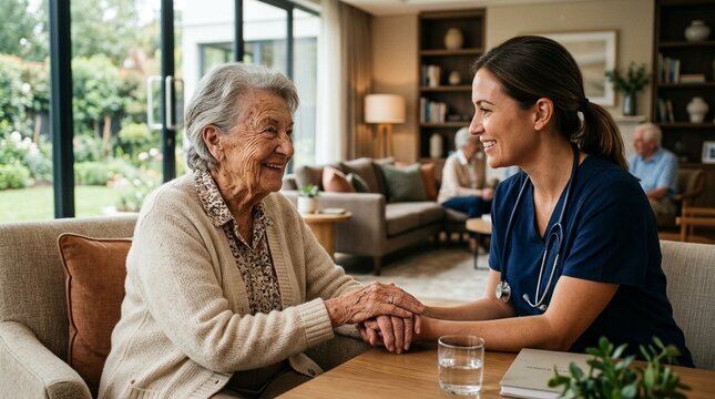 Caring nurse gently holding hands with an elderly woman, providing comfort and support