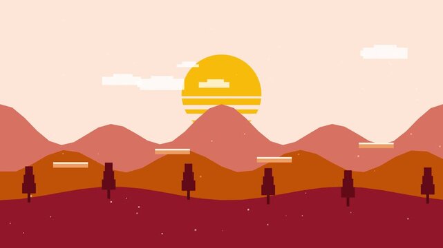 Retro pixel art video game landscape background with mountains sun and clouds for platformer motion graphics footage loop animation