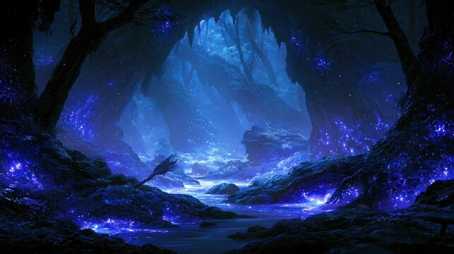 Enchanted cave with glowing blue crystals and water