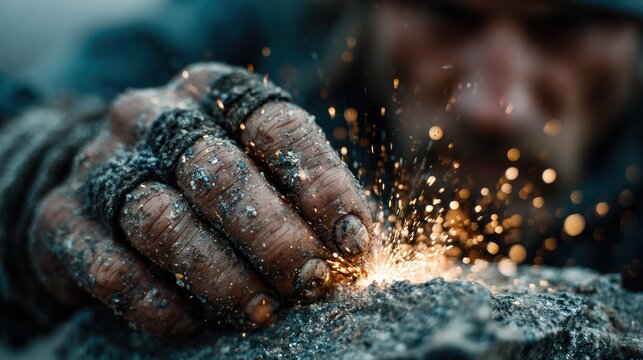 Hand holding sparks on rock.