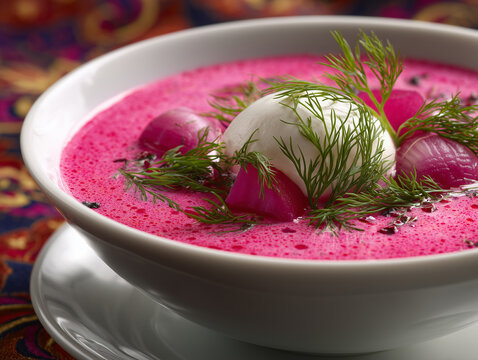 Pink borscht soup with dill and sour cream