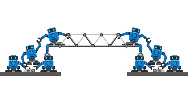 Team of blue industrial robots building a bridge truss structure. Concept of automated construction, collaborative robotics, and future infrastructure engineering.