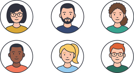 Fototapeta premium Set of six diverse human avatars featuring various ethnicities, hairstyles, and clothing styles in circular frames for user profiles and digital communication interfaces on a white background