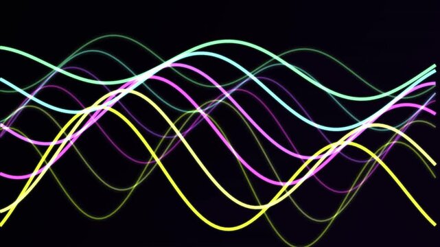 Abstract Neon Glowing Wavy Lines Moving in a Fluid Motion on a Dark Background