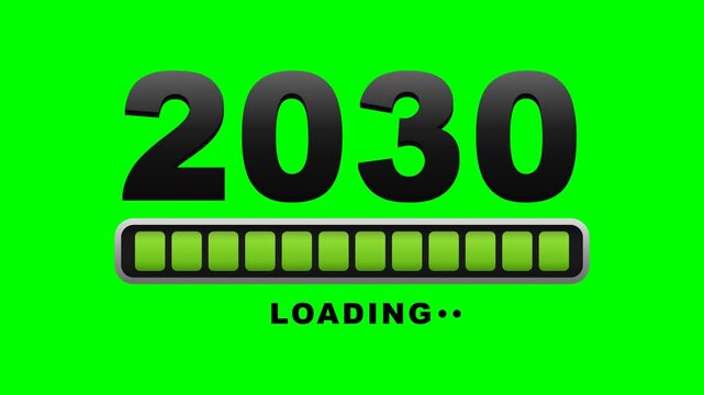Faithful battery-style loading recreation on solid chroma GREEN background: the huge 2030 digits look VOLUMETRIC and filled with substance - a stacked extrusion of dark copies beneath gives real thick