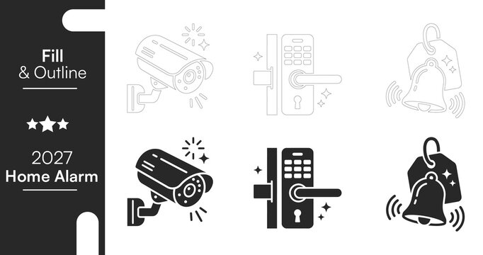 Home alarm security 2027 icon set, outline and filled vector icons for smart home automation, cctv camera surveillance, burglar protection and security system app design