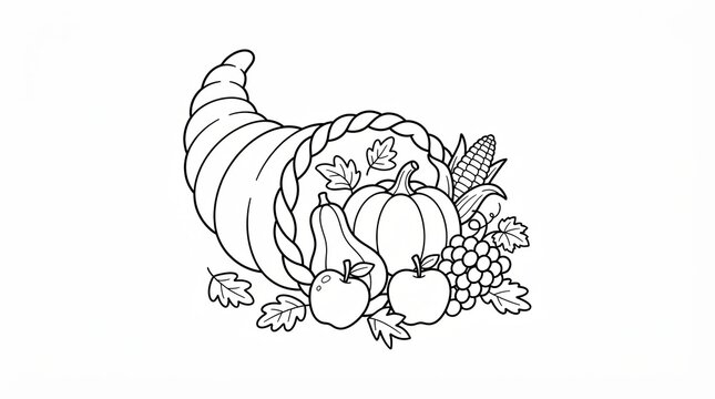 Black and white cornucopia filled with harvest fruits and vegetables