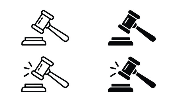 Legal gavel and sound block vector collection representing courtroom proceedings, justice, auction judgments, law, authority and professional decisions.