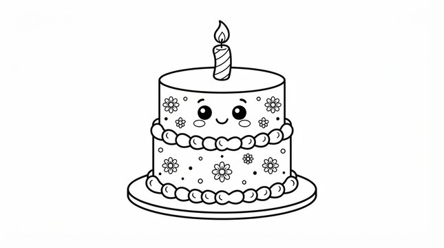 Cute kawaii birthday cake with a candle in black and white line art
