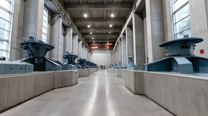 Obraz premium Long corridor of industrial turbines in a concrete power station with high ceilings and natural light from