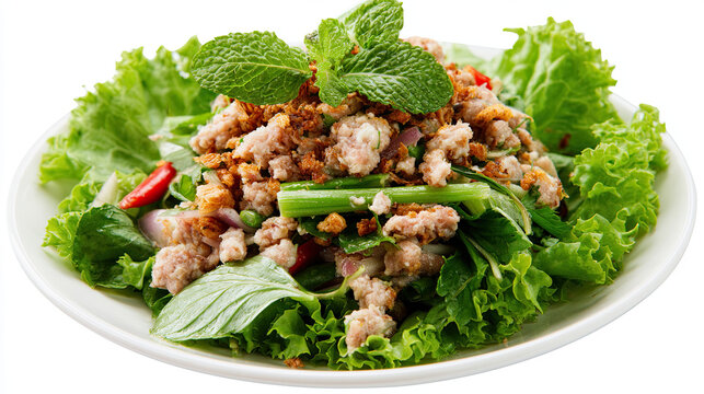 spicy larb moo salad with toasted rice and mint