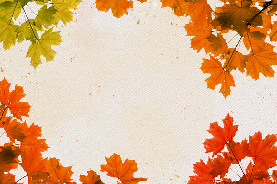 Autumn leaf on paper digital watercolor style.