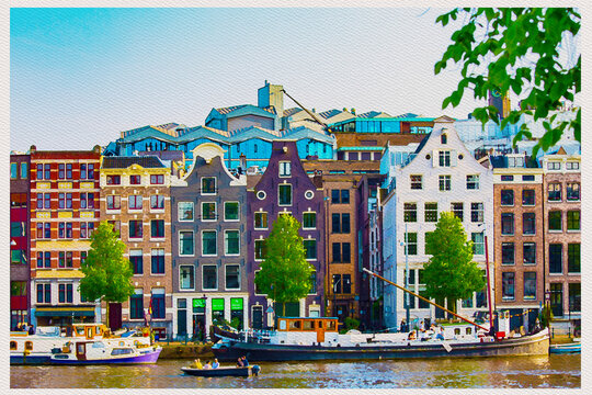 digital watercolor landscape of Amsterdam.