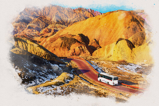 Digital watercolor of Land scpae of  Zhangye Danxia Landform in China..
