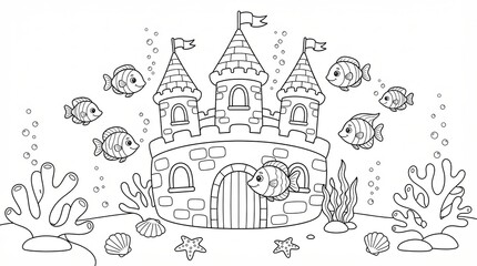 Naklejka premium Underwater castle with cute fish and coral reefs for kids coloring page activity