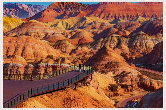 Digital watercolor of Land scpae of  Zhangye Danxia Landform in China..