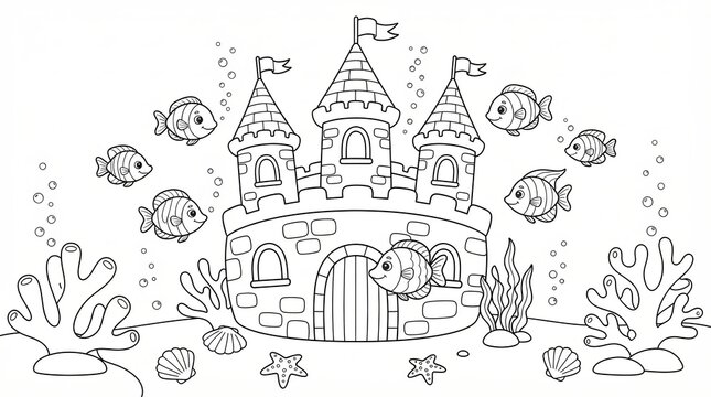 Underwater castle with cute fish and coral reefs for kids coloring page activity