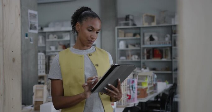Focused Female Architect at Work with Digital tablet in Modern Office