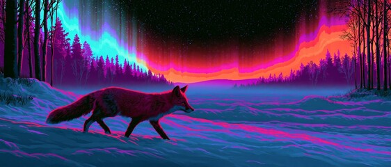 Fototapeta premium Solitary red fox traversing a neon-lit snowy field beneath a vivid multicolored aurora borealis above a dark pine forest at night in a surreal glowing winter landscape