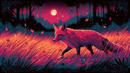 Fototapeta premium Vibrant stylized red fox prowling through neon-lit tall grass at night beneath a glowing full moon, silhouetted forest trees and drifting autumn leaves in surreal twilight