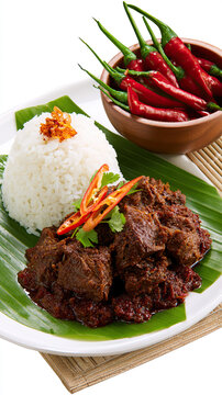 beef rendang dark dry curry isolated on a plate