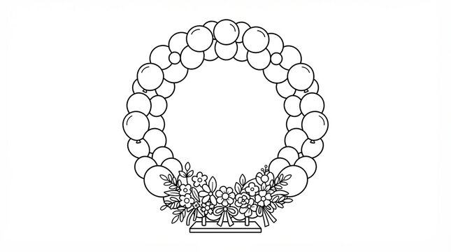 Black and white line art illustration of a round balloon arch with floral decor