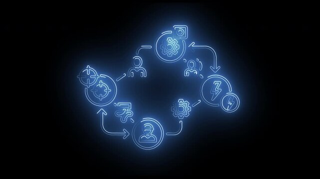 Futuristic glowing blue animation showing global connection network user profile exchange process and digital workflow cycles