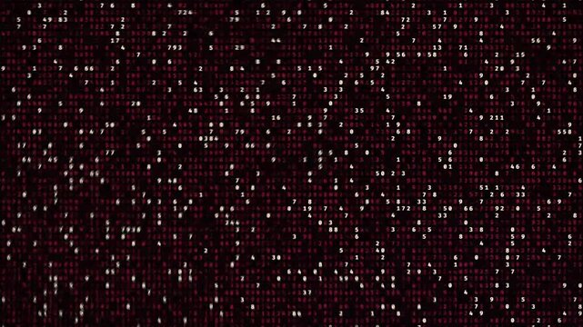 Digital data code animation. Cyber matrix glitch screen. Computer processing background. Dark hacker system failure. Red glowing numbers. Information technology panel. Cybersecurity software code.