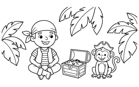 Cute little pirate boy and his monkey friend with a treasure chest in this fun coloring page illustration
