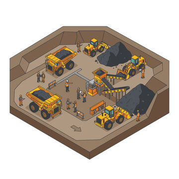 Sleek of Active Underground Mining Operation with Workers Heavy Machinery and Material Transport