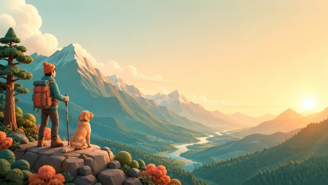 Hiker and dog standing on a rocky overlook at sunrise, overlooking a meandering river through a forested mountain valley with distant alpine peaks, golden light and panoramic vista